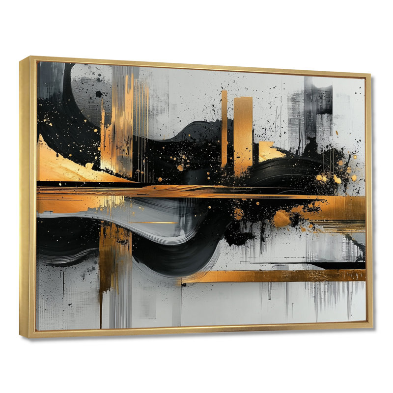 «Dark Transition Golden Shifting Horizons II», art mural transitionnel abstrait de formes modernes, H 12 po x l 20 po, Doré