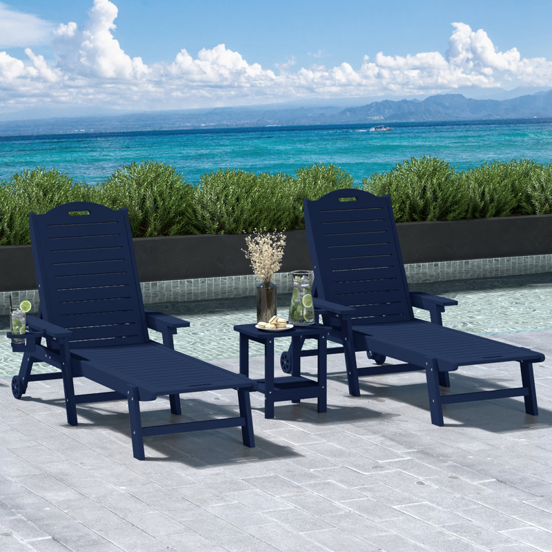 Brighton Outdoor 3-Piece Poly Reclining Chaise Set With Wheels & Cup Holder, Blue