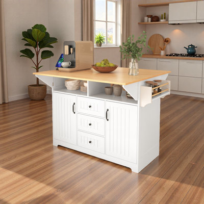 55.7'' Large Kitchen Island With 2 Drop Leaf,, Rolling Kitchen Cart On 5 Wheels With Power Outlet, Folding Storage Dining Table With Spice & Towel Rack , 3 Drawers, For Kitchen, Dining Room