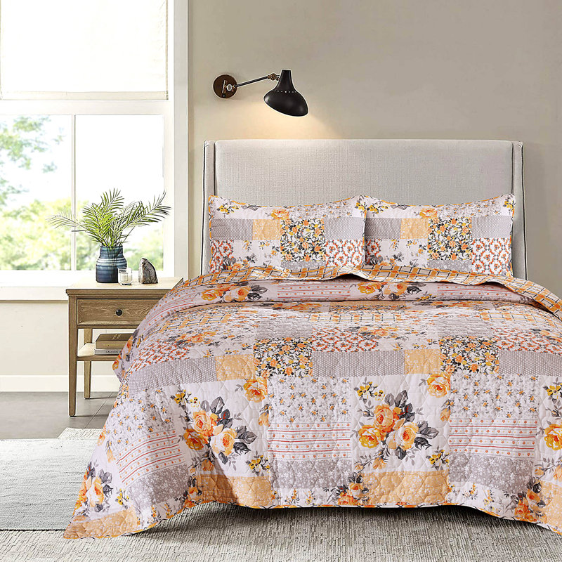 Full Size Pink and Yellow Cotton Reversible Patchwork Quilt Set