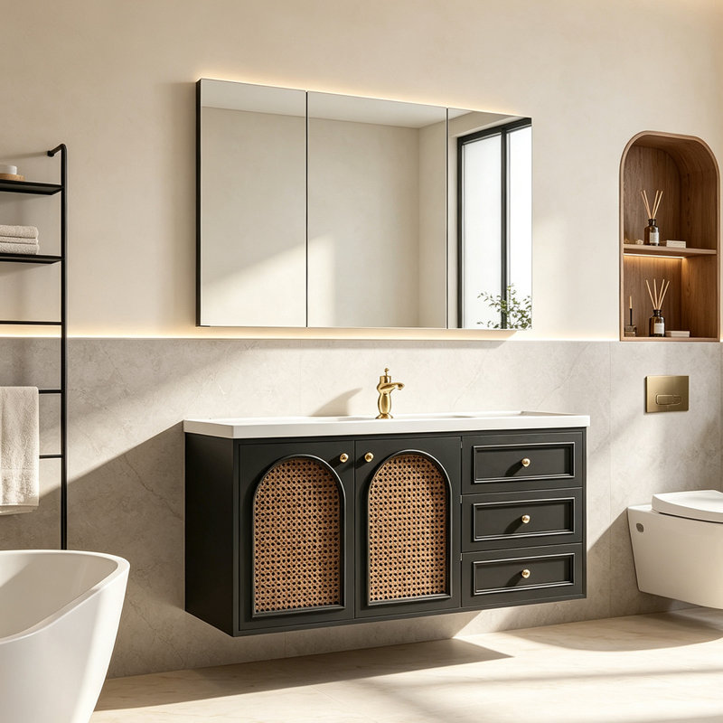 Meuble-lavabo français rétro en bois d'hévéa avec lavabo en céramique et portes en rotin