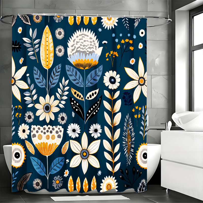 Rideaux de douche Boho avec crochets inclus, Bleu / bleu marine / or floral