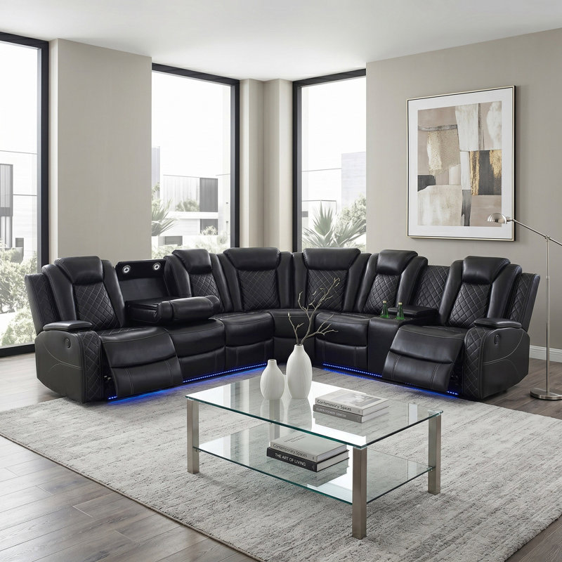 Opaline Black Vegan Leather 3-Piece Living Room Sectional Recliner Sofa