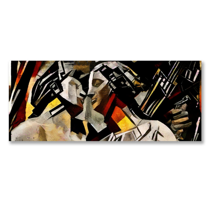 «Moments», impression d'art graphique panoramique sans cadre, Bleu / gris / noir / aluminium