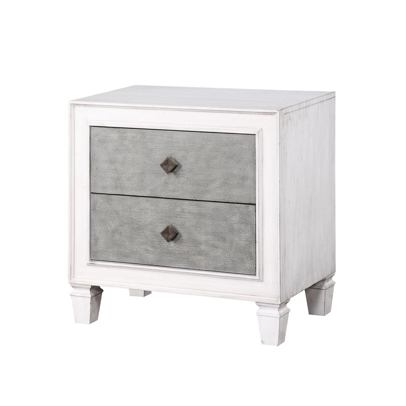 Table de chevet au fini transitionnel gris et blanc vieilli avec tiroir doux doublé de feutre