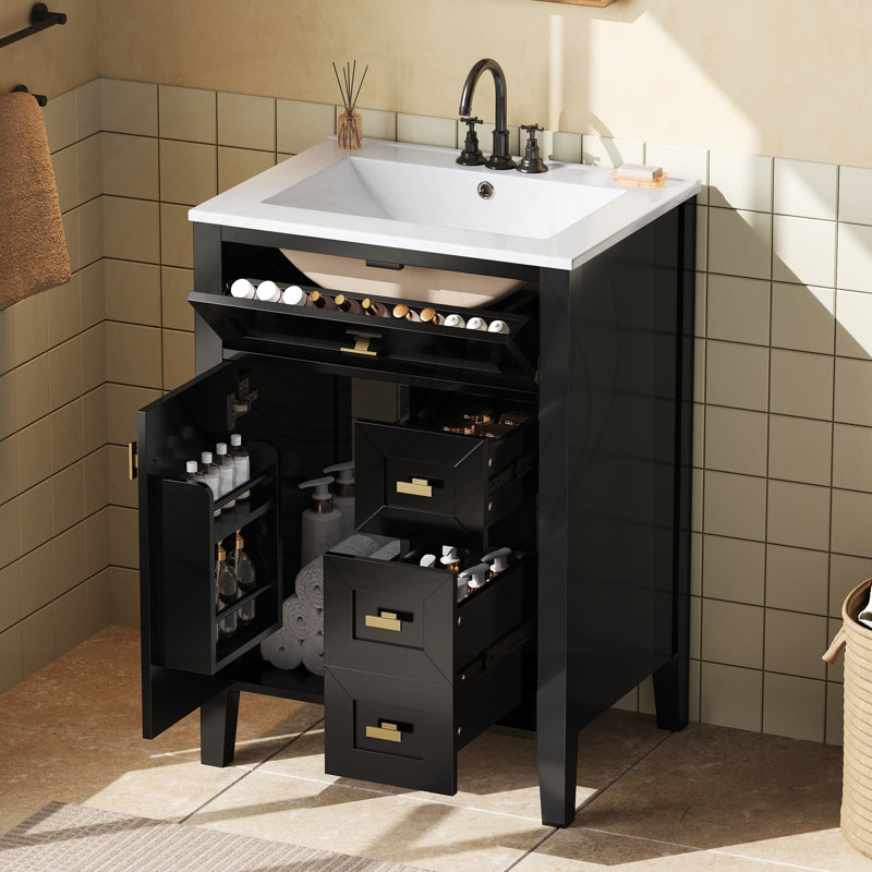 Fabrication de meuble-lavabo 24 po avec lavabo, panneau de fibres à densité moyenne et bois d'hévéa, Noir