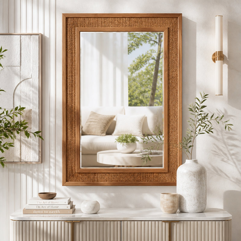 Rattan Rectangle Solid Wood Frame Mirror, 20"x30", Yellowish-Brown