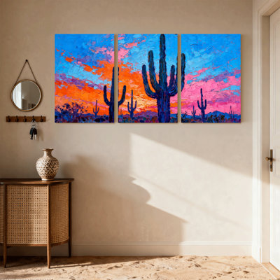 Cactus désert Cactus coucher de soleil ciel réflexion sur toile, ensemble de 3 impressions sur toile