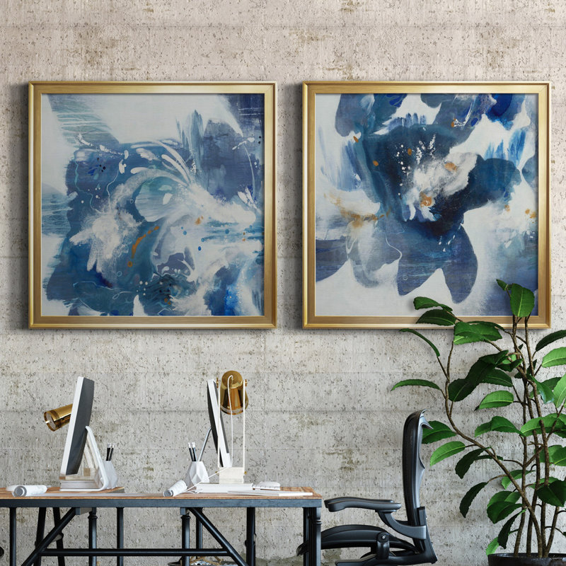Blue Velveteen - ensemble de 2 reproductions d'art sur toile, Pas de tapis, H 26,5 po x l 53 po x P 1,5 po, Encadrement doré