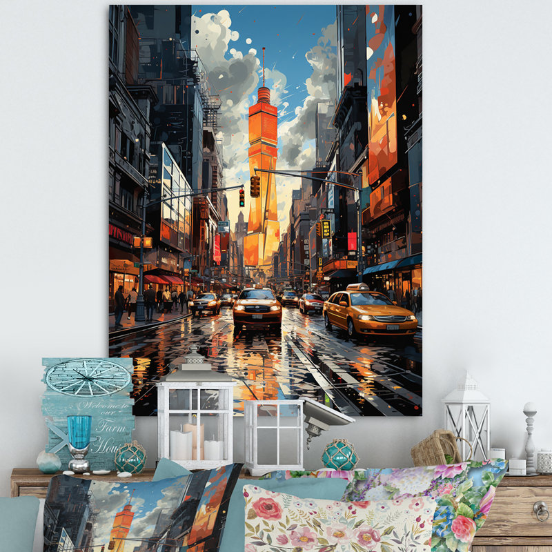 Collage sur toile jaune et gris de New York, H 20 po x l 12 po x P 1 po, Toile tendue