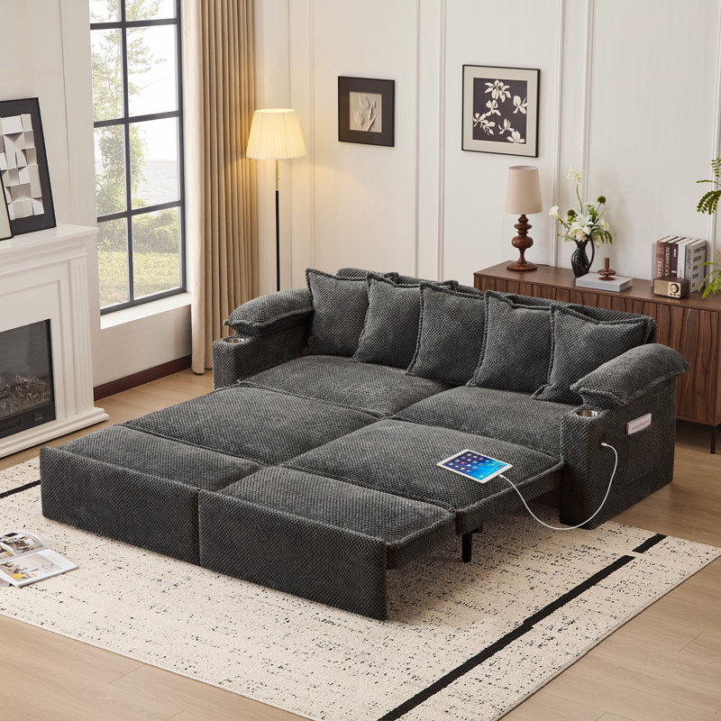 Très grand canapé-lit escamotable avec rangement, canapé-lit convertible avec porte-gobelets à ports USB, canapé rembourré en velours côtelé avec méridienne pour salon, chambre d'amis, gris foncé