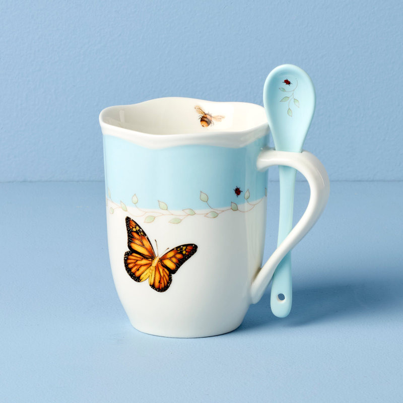 Lenox Butterfly Meadow Blue Mugs with Spoons, Set of 2