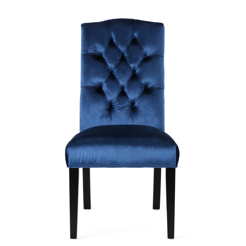 Paire de chaises de salle à manger Kd, revêtues de velours bleu marine, dossier et plateau couronné, haute fabrication, P 21,33 po x l 25,63 po H 40,71 po, matériaux 17,29 lb