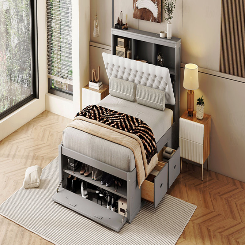 Base de lit plateforme en bois grand, tête de lit, étagère à chaussures, 4 tiroirs, Gris