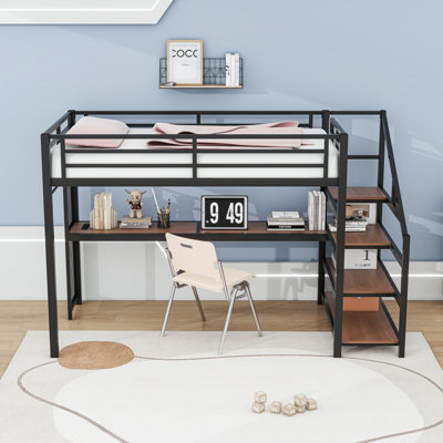 Lit mezzanine avec bureau, escalier de rangement, lumières DEL et ports USB