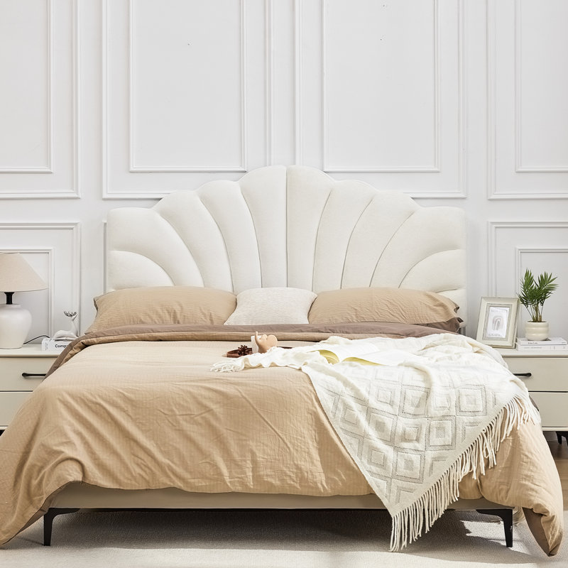 Tête de lit capitonnée en forme de pétale et dossier de tête de lit réglable en hauteur et en largeur, Velours blanc