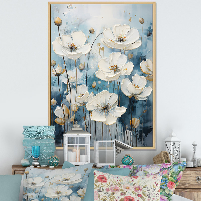 Minimalisme bleu blanc Buttercups II sur toile, H 32 po x l 24 po x P 1 po, Cadre naturel flottant