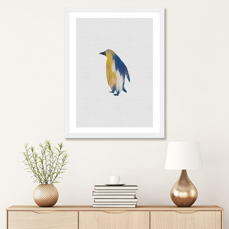 Pingouin bleu et jaune - impression d'art graphique, H 32 po x l 24 po x P 1 po, Papier encadré blanc