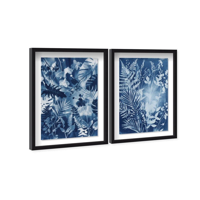 Blue Folliage Set Shadowbox Floral & Botanical Print by Oliver Gal, Black Frame, 10 x 15, 21.5"H x 31.5"W, Black Shadowbox