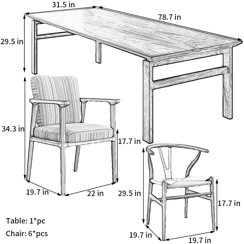 Ensemble de salle à manger rectangulaire, H 29,5 po x L 78,7 po x l 31,5 po