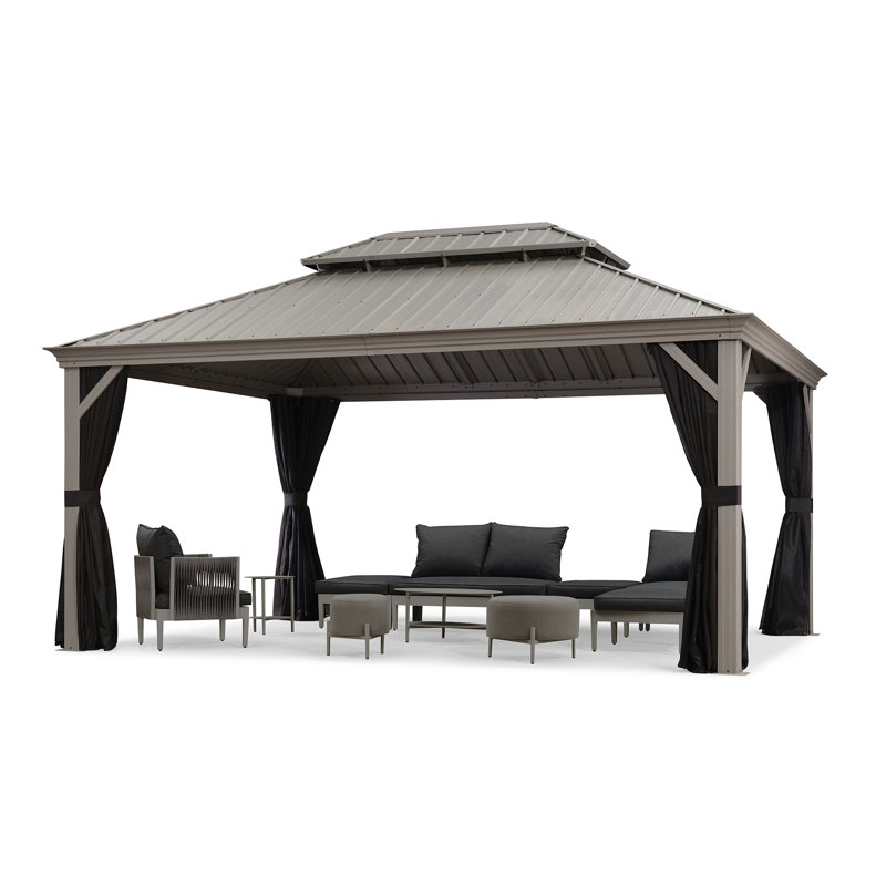 12' x 16' Black Aluminum Hardtop Patio Gazebo with Curtains