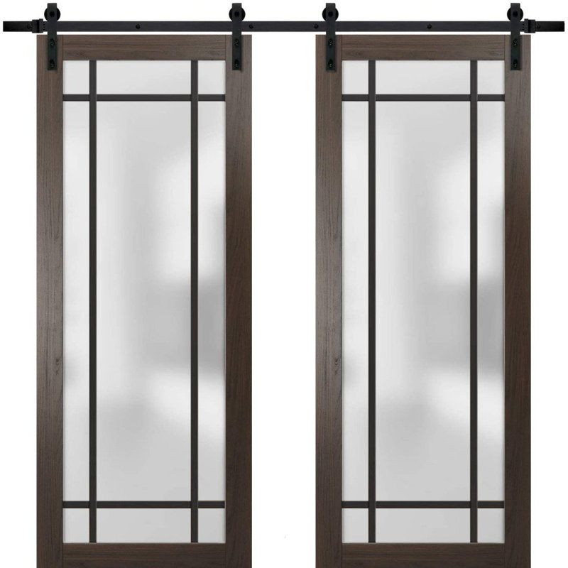 Porte de grange double robuste avec verre givré | Noir mat Planum 2112 | Ensemble de 13 cintres lourds pour rail | Portes intérieures modernes à panneau massif - 64 po x 96 po (2 * 32 x 96) - Rail noir