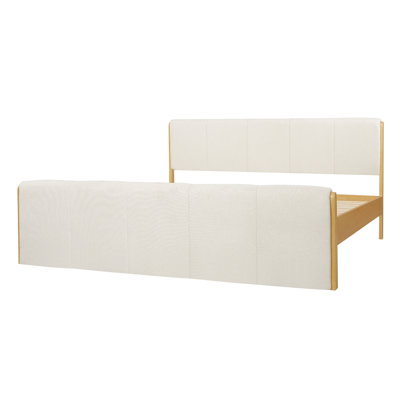 Mercer Modern Neoclassical Upholstered Platform Bed with Natural Wood Trim and Paneled Headboard for Bedroom