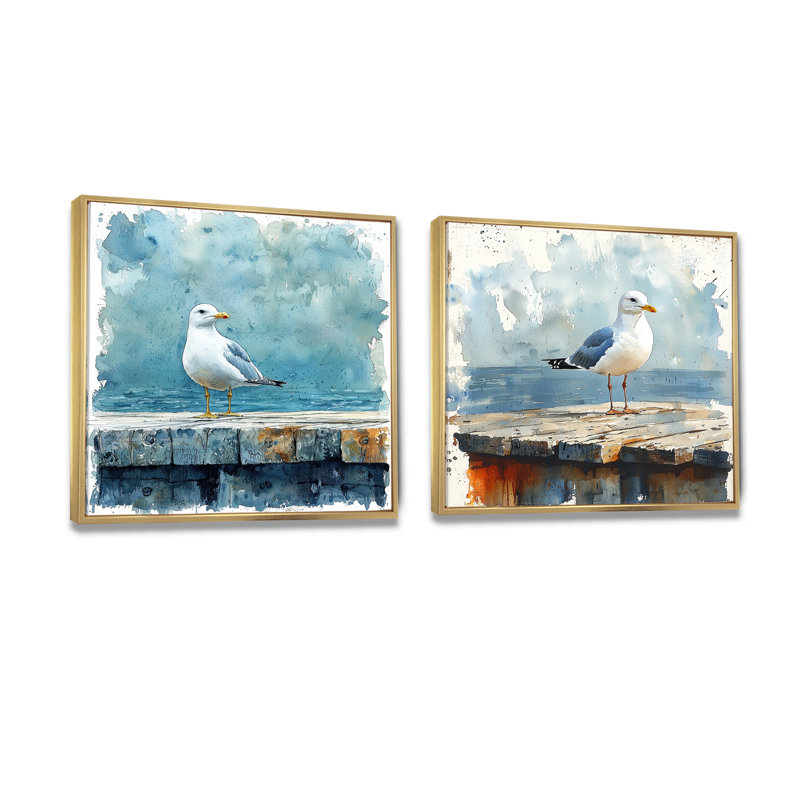 Mouette sur le quai I - décoration murale oiseau - art mural moderne 2 pièces, 16" H x 33" W, Floater Framed, Doré