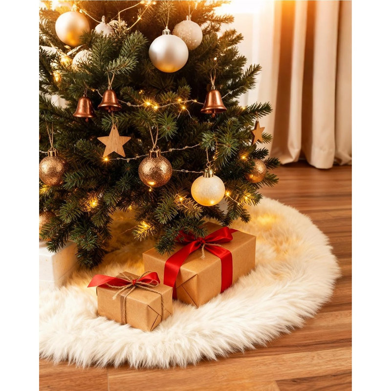 White Plush Faux Fur Christmas Tree Skirt – Soft Snowy Holiday Tree Base Mat & Home Decor