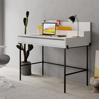 Demileigh Modern Office Desk with Storage Compartments and Metal Legs