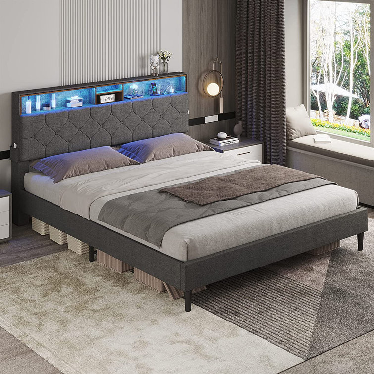 Full Size Led Bed Frame With Headboard, Diamond Button Tufted Platform Bed With Outlets And Usb Ports, Fabric Upholstered Bed Frame With Hidden Storage, No Box Spring Needed, Dark Grey