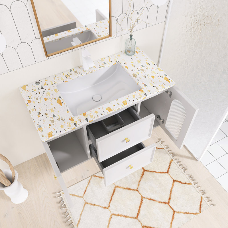 35,98 po X P 19,69 po X P 21,34 po Meuble-lavabo mural simple H gris avec plateau en terrazzo blanc