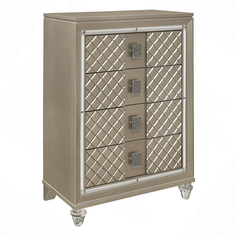 Finition champagne glamour, commode 1 pièce, 4 tiroirs, pieds en acrylique, garniture de miroir de luxe