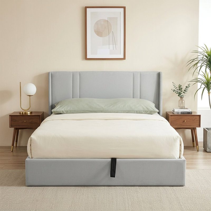 Modern Curved Wingback Velvet Upholstered Platform Bed with Gas Lift Storage, Queen, Gray, Queen, Gray