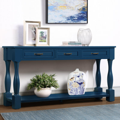 Console de 63 pouces de long. Bleu marine, bois massif, 3 tiroirs et 1 tablette, stable, table d'installation simple avec tablette. Structure en bois, processus facile