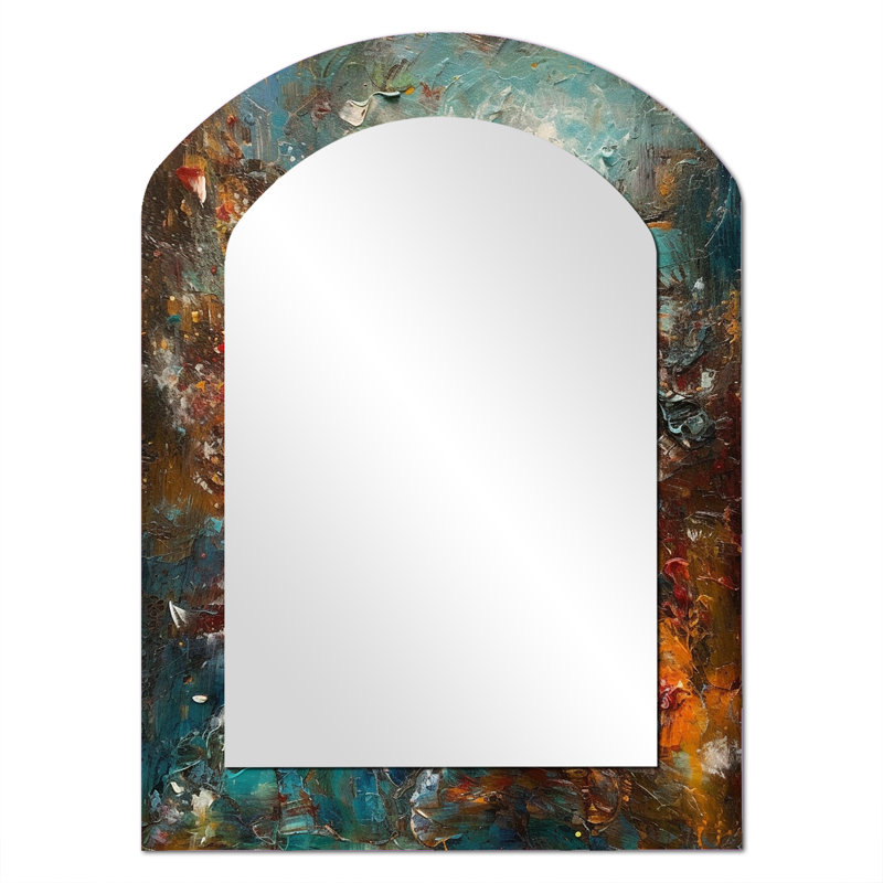 Automne bonheur après-midi abstrait rouge orange bleu I - peinture abstraite miroir asymétrique, miroir mural décoratif arche bleue, impression sur métal