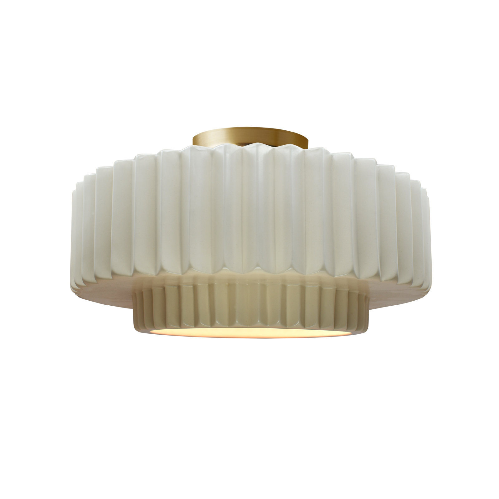 Single Light Ceramic LED Semi Flush Mount, 7.25" H x 14.5" W x 14.5" D, Matte White, Brushed Brass