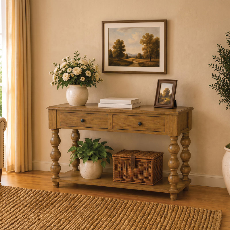 Stratford Rectangular Wood Console Table with Drawers, Natural Oak