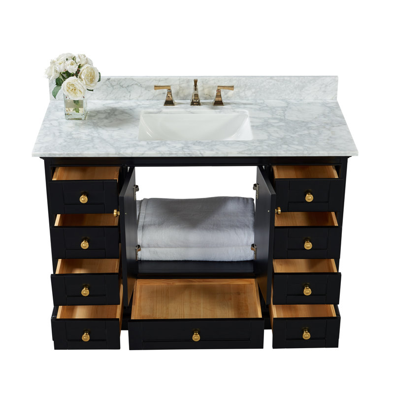 Ensemble de meuble-lavabo simple 48 po Varna, Noir onyx / or brossé, Marbre blanc de Carrare