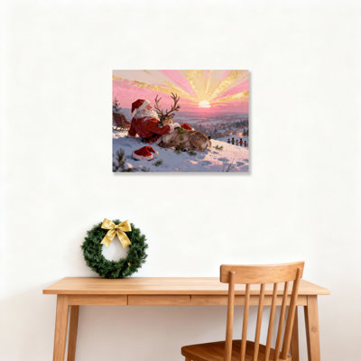 Santa Reindeer Sunset Canvas Wall Art