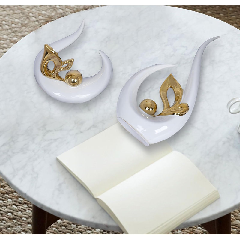 2 Pcs White Gold Ceramic Abstract Sculptures