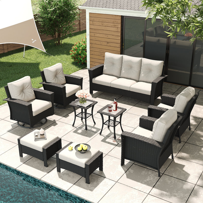 Lark Manor™ 9 Piece Wicker Patio Furniture Set, Classis Outdoor Conversation 360 Degree Swivel Chairs Set with Coffee Table