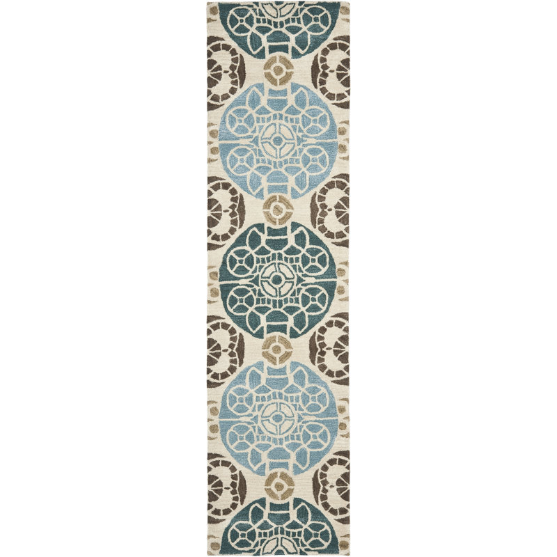 Eaton Wyndham Hand Tufted Wool/Viscose Damask Rug in Beige/Blue, Runner 2'3" x 11'