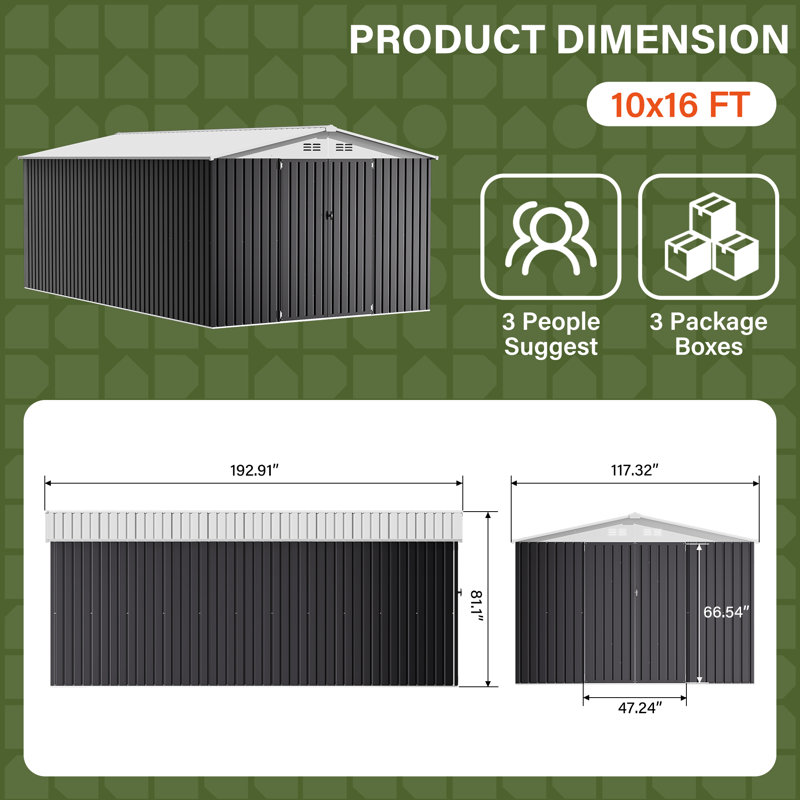 10 Ft. W x 16 Ft. D Outdoor Metal Storage Shed with Reinforced Steel Frame And Lockable Doors
