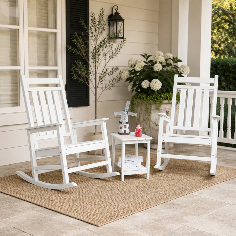 Ensemble de chaises berçantes toutes saisons avec table d'appoint, mobilier de patio 3 pièces au design ergonomique et finition en bois