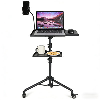 Support réglable pour ordinateur portable et projecteur avec roulettes - hauteur de 23 po à 49 po, 2 tablettes, plateau de souris, support pour téléphone - poste de travail mobile roulant pour le bureau, la maison et les présentations - noir mat