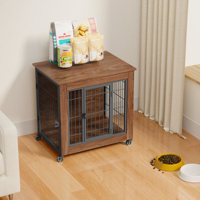 Cage pour petits chiens de 69 cm (27,2 po), robuste, à double porte, en métal avec roulettes, table d'appoint en bois, bien aérée et facile à déplacer à l'intérieur, conçue pour réduire l'anxiété et la sécurité des chiens.