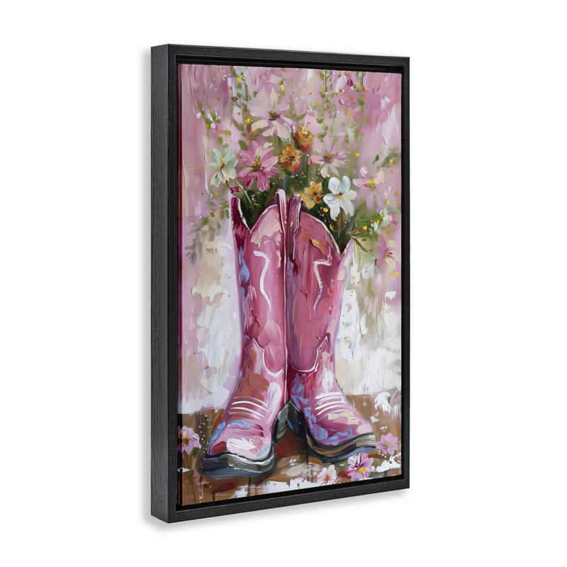 Cadre flottant avec bottes florales et cowboy rose, Design par Lsr Design Studio, Cadre flottant noir de jais