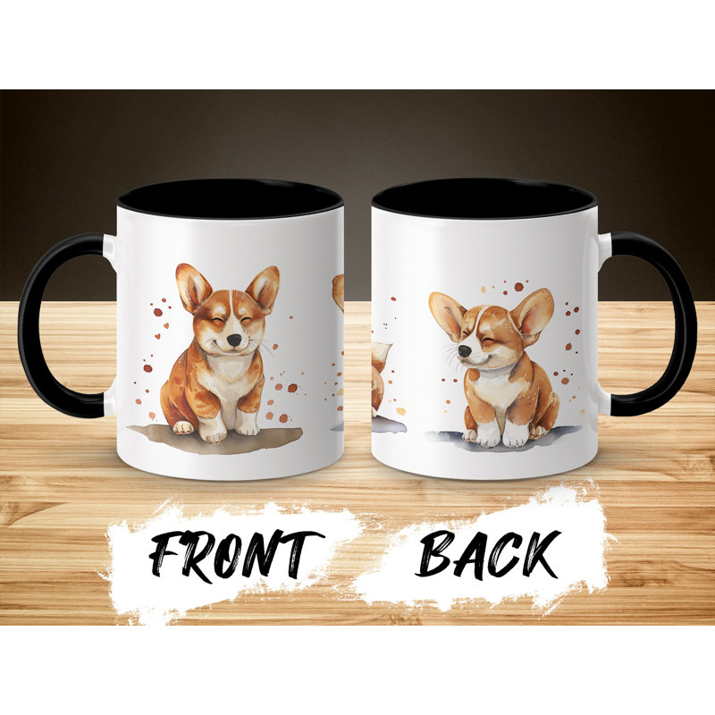 11oz Watercolour Happy Corgi Puppy Design Coffee Mug, 3, Black