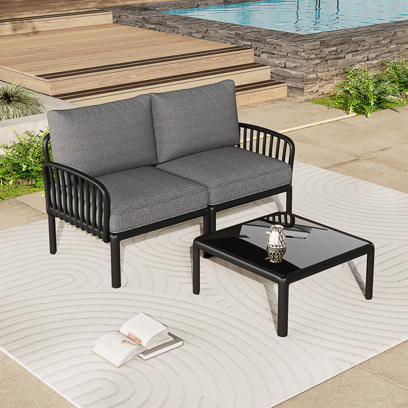 Ensemble de conversation pour patio 3 pièces, Gris foncé, Noir, 2 pièces: table, causeuse